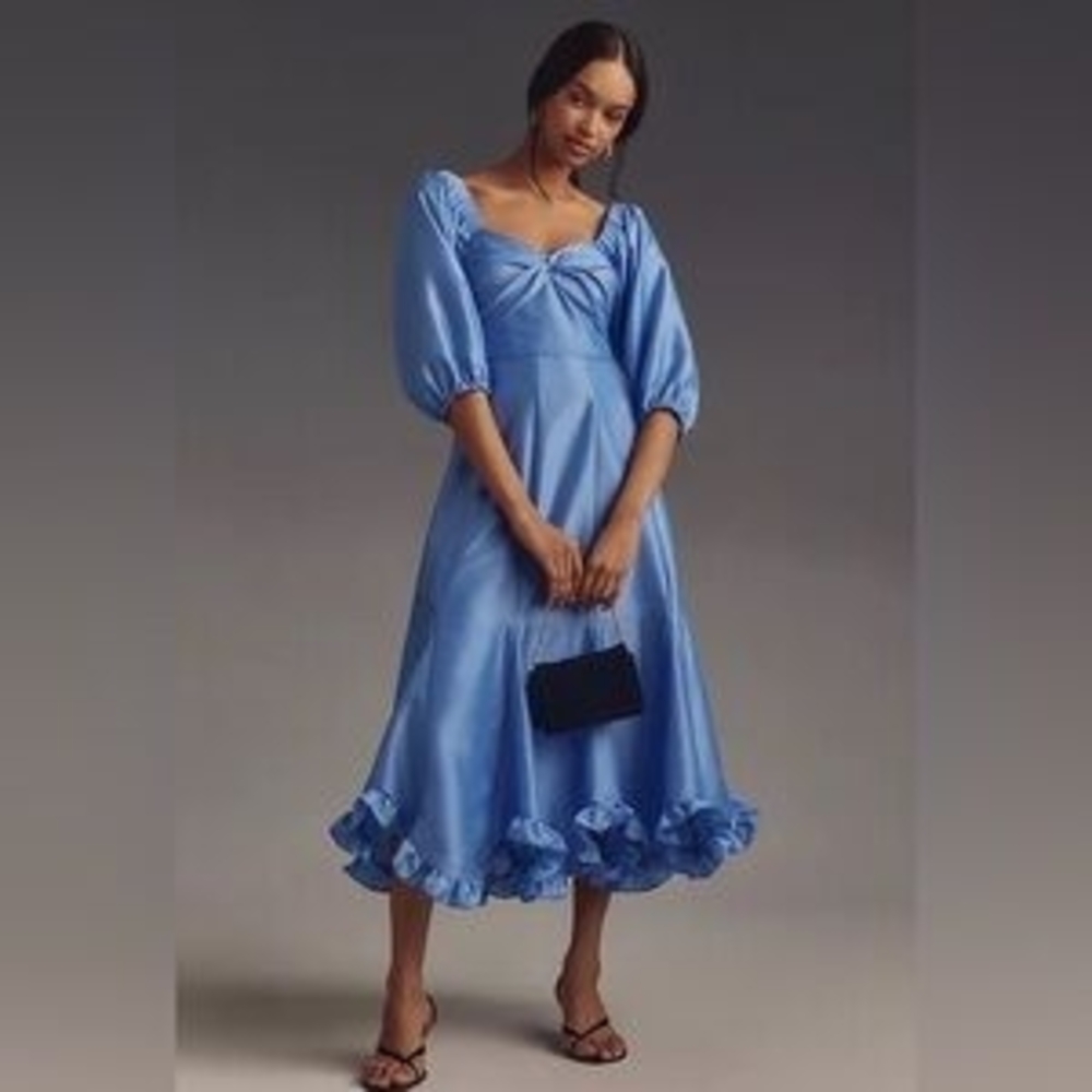 Anthropologie Twist-Front Puff-Sleeve Ruffle-Hem Dress Size L (NWT)